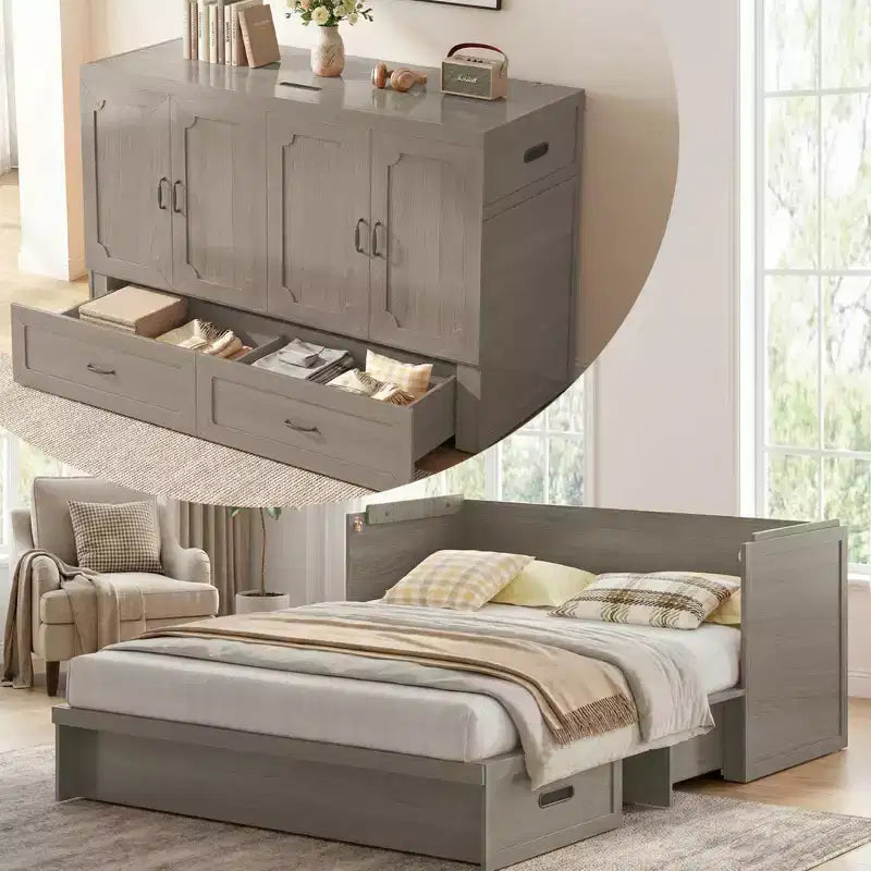Lit escamotable convertible Queen Size Mjkone avec matelas, chargement USB, tiroirs de rangement