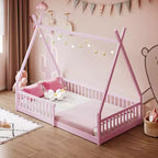 Lit de sol pour enfants, lits cabane doubles, lit de sol Montessori avec lattes et barrières de protection, cadre de lit cabane en bois pour garçons et filles