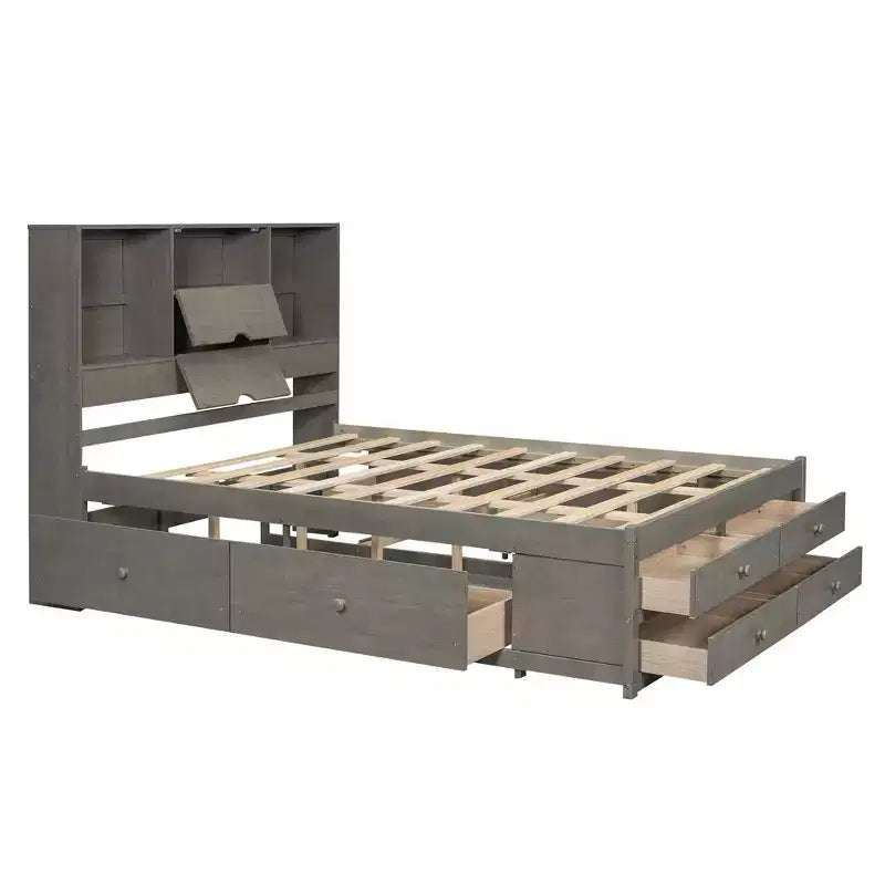 Lit plateforme de taille Queen avec étagère de rangement et 8 tiroirs, montage facile