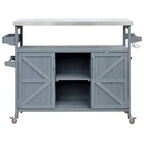 Îlot de cuisine d'extérieur Okak avec plateau en acier inoxydable, chariot de cuisine en bois avec portes, étagères et porte-épices, îlot de cuisine roulant