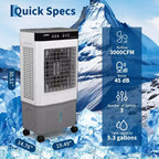 Refroidisseur d'air évaporatif avec réservoir d'eau, 4 pains de glace, 3 vitesses, oscillation à 120°, télécommande et minuterie 12h, 150W Portable sur pied