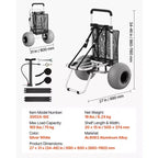 Chariot de plage VEVOR avec grandes roues pour le sable, plateforme de chargement 50,8 x 38,1 cm, chariot de sable pliant avec 2 roues ballon, capacité de charge 75 kg, argenté+noir