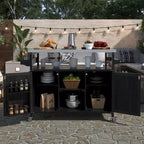 Îlot de cuisine d'extérieur Okak avec plateau en acier inoxydable, chariot de cuisine en bois avec portes, étagères et porte-épices, îlot de cuisine roulant