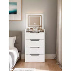 Coiffeuse 3-en-1 Okak avec miroir rabattable, coiffeuse compacte avec plateau en verre visible et tabouret rembourré, coiffeuse pour chambre à coucher
