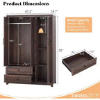 AMERLIFE Armoire de garde-robe de ferme 47 avec 3 portes, 2 tiroirs, tringle à vêtements et étagères réglables, organisateur de placard autoportant