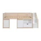Lit mezzanine jumeau Okak en bois massif avec escalier et rangement, lits superposés jumeaux à profil bas avec tiroirs et étagères, lits mezzanine multifonctionnels pour enfants et adolescents