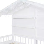Lit cabane double avec étagères de rangement et barrières, cadre de lit Montessori en bois pour enfants avec fenêtre et bande lumineuse scintillante