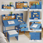 Ensemble bureau et chaise pour enfants, table d'étude en bois avec plateau inclinable réglable, tiroirs et tableau en liège - Ensemble de bureau scolaire pour enfants