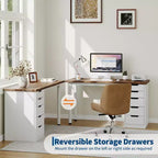 Bureau d'ordinateur de 119 cm avec 5 tiroirs de rangement, table d'étude/d'écriture réversible de style rustique moderne, poste de travail de bureau à domicile pour petits espaces