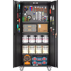 Armoire de rangement de garage avec roues et panneau perforé, armoire de rangement métallique verrouillable de 72 po de hauteur avec 2 portes et 4 étagères réglables pour atelier de garage