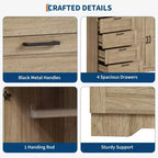 Armoire de chambre en bois de 110 cm (43,3 po) avec 4 tiroirs et tringle à vêtements, commode de rangement multifonctionnelle pour vêtements
