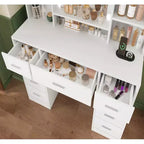 BALHAM TRADE-Coiffeuse avec miroir et lumières 9 tiroirs 6 étagères 3 modes d'éclairage Luminosité réglable