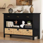 Console de table d'entrée avec rangement, table de couloir de style ferme avec 3 tiroirs et 3 paniers en jacinthe d'eau pour salon ou hall d'entrée - Panipeachy