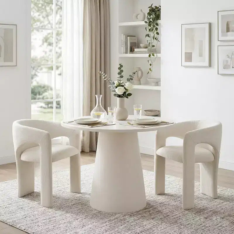 Small Dining Table Set for 2, Beige Upholstered Chairs, Round Pedestal Dining Table, Compact Modern Kitchen Furniture-Panipeachy