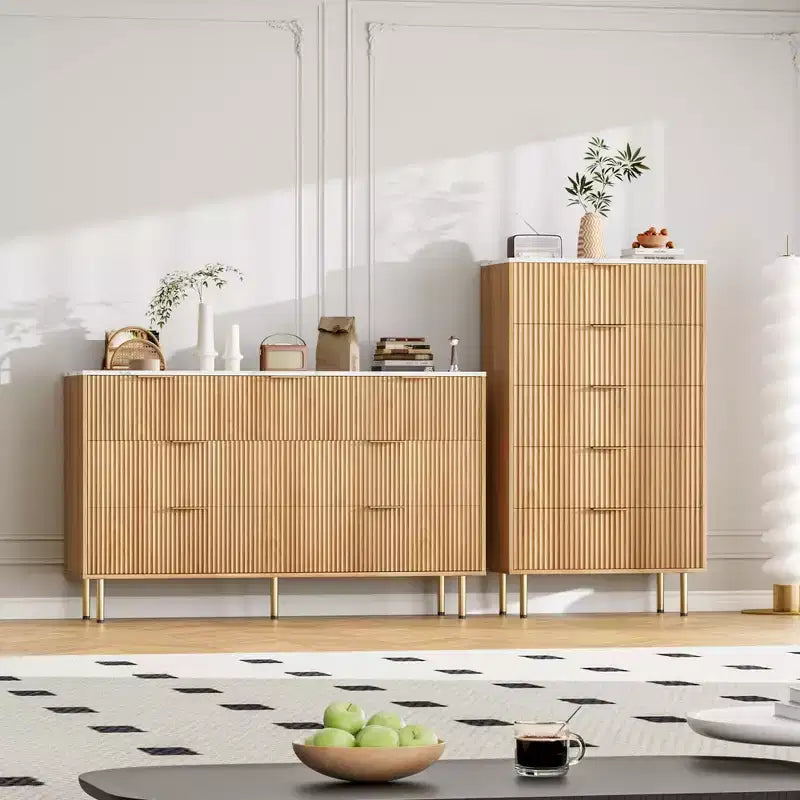 Commode à 5 tiroirs blanche / marbre et bois – Panneau cannelé, pour 1 personne