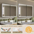 Armoire de toilette avec miroir LED, montage en saillie ou encastré, lumière dimmable, anti-buée, étagères réglables