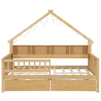 Cadre de lit maison pleine grandeur avec tiroirs, lit plate-forme maison avec lumières LED, étagères de rangement et tiroirs, lit de repos en bois avec toit et garde-corps