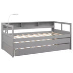 Lit de repos double XL Whisen en bois avec 2 lits gigognes, 3 compartiments de rangement, 1 lampe gratuite et port de chargement USB