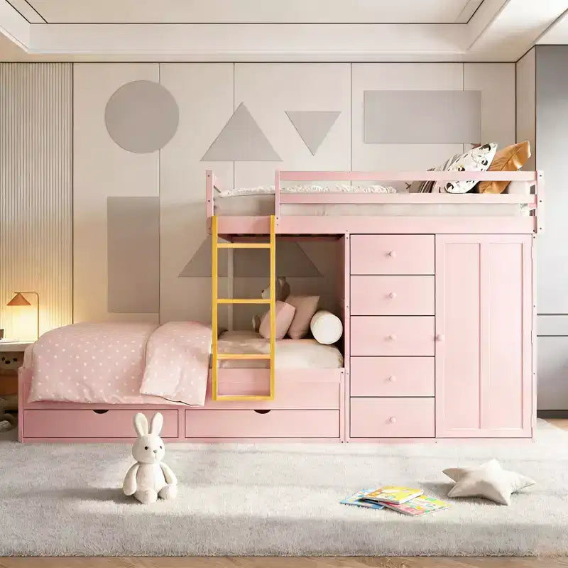 Full Over Full Modern Bunk Bed With Built In Closet And 7 Storage Drawers