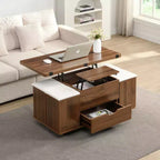 Table basse relevable multifonctionnelle et moderne avec rangement dissimulé, 4 tabourets et roulettes, parfaite pour les espaces de vie modernes.