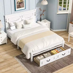 ModernLuxe Lit plateforme Queen/King Size avec tête de lit haute, cadre de lit rustique en bois avec 2 tiroirs, lumières LED et ports USB