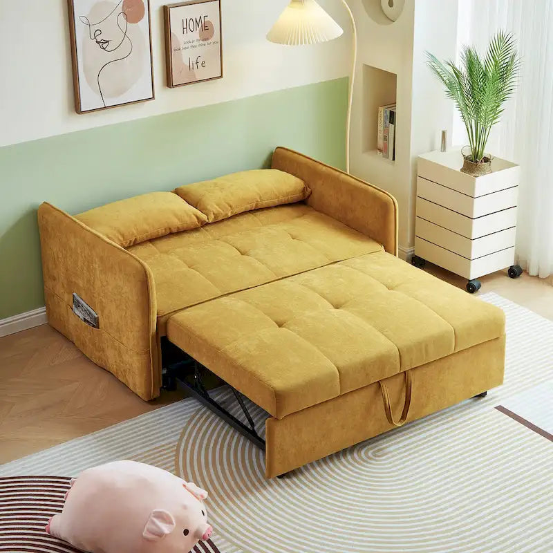 Canapé-lit gigogne en tissu chenille jaune - 39,00 x 53,50 x 31,50