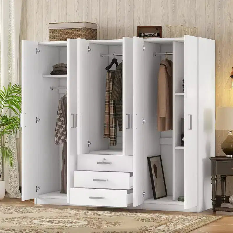 6-Door Wooden Wardrobe with Drawers for Bedroom