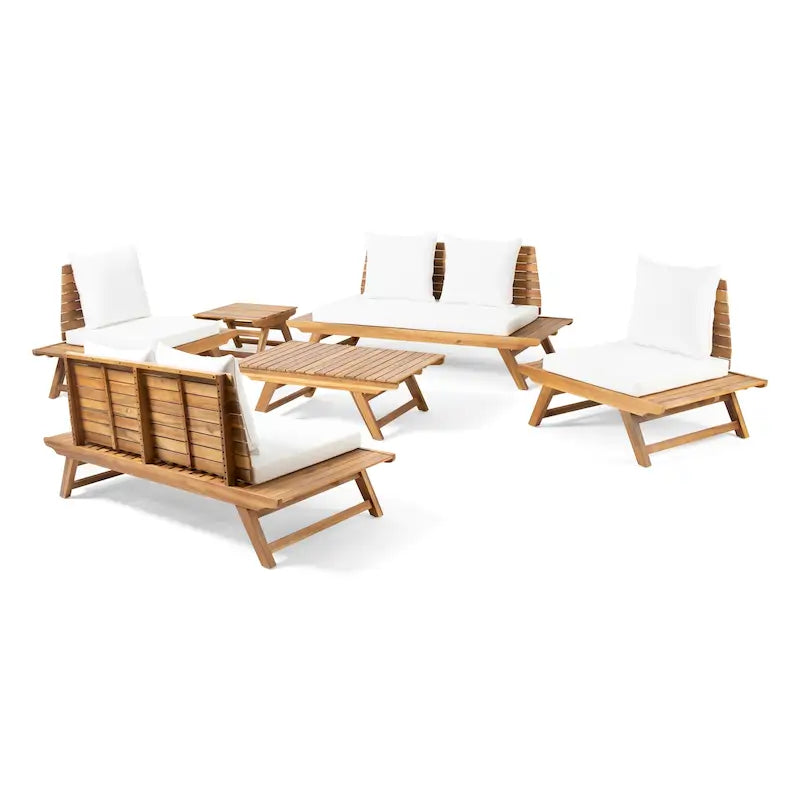 Sedona Outdoor 6 Seater Acacia Wood Chat Set with Side Table and Coffee Table by Christopher Knight Home
