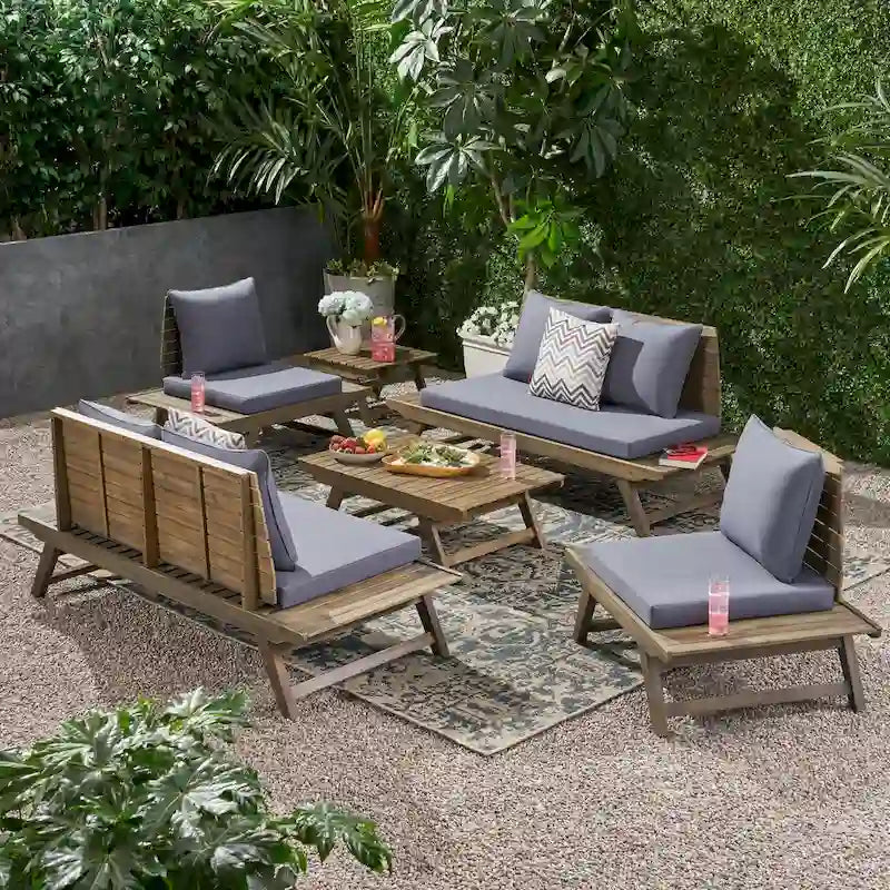 Sedona Outdoor 6 Seater Acacia Wood Chat Set with Side Table and Coffee Table by Christopher Knight Home