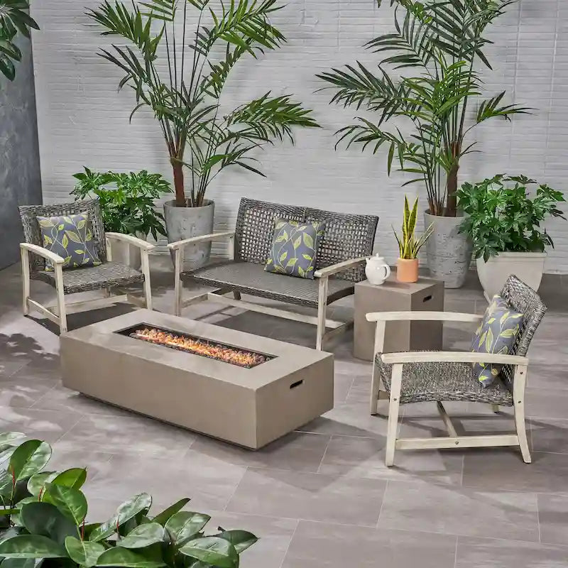 Ensemble de conversation d'extérieur 4 places en bois d'acacia et osier Augusta avec foyer par Christopher Knight Home