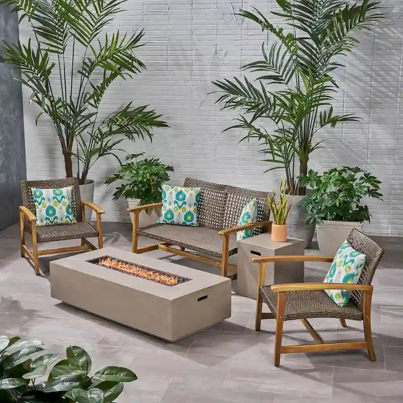 Ensemble de conversation d'extérieur 4 places en bois d'acacia et osier Augusta avec foyer par Christopher Knight Home