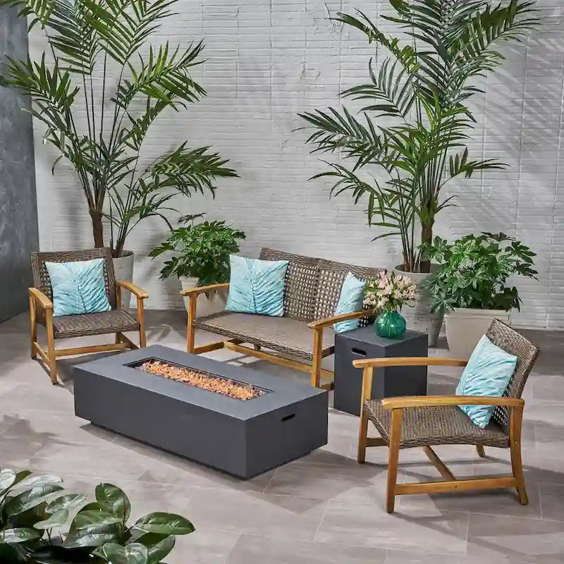 Ensemble de conversation d'extérieur 4 places en bois d'acacia et osier Augusta avec foyer par Christopher Knight Home