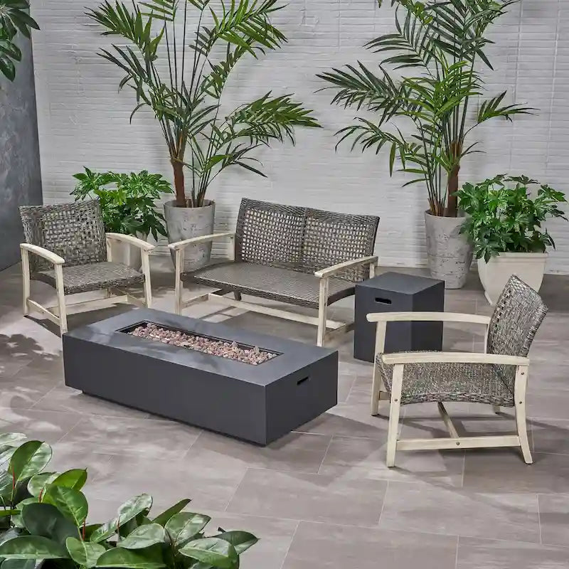 Ensemble de conversation d'extérieur 4 places en bois d'acacia et osier Augusta avec foyer par Christopher Knight Home
