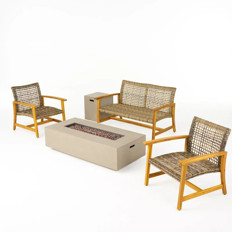 Ensemble de conversation d'extérieur 4 places en bois d'acacia et osier Augusta avec foyer par Christopher Knight Home