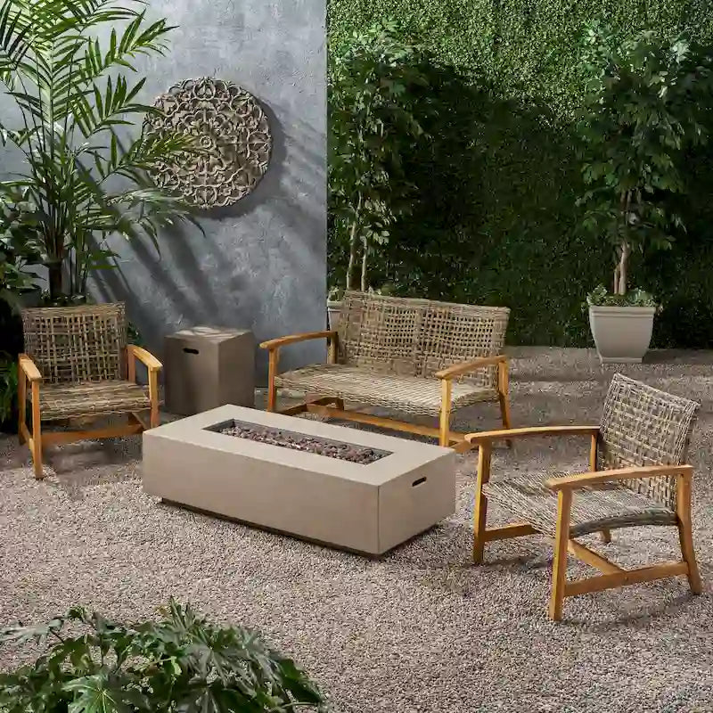 Ensemble de conversation d'extérieur 4 places en bois d'acacia et osier Augusta avec foyer par Christopher Knight Home
