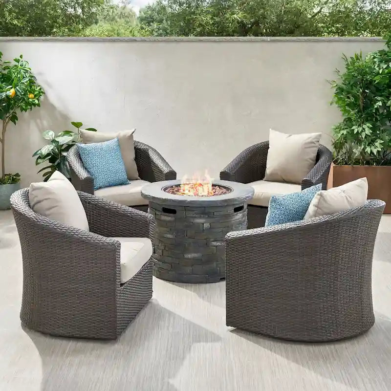 Glenwood Outdoor 5-piece Wicker Aluminum Fire Pit Swivel Chat Set with Cushion by Christopher Knight Home