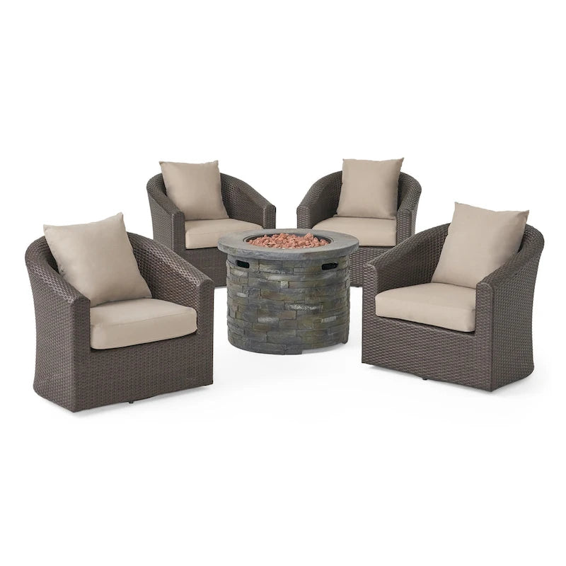 Ensemble de conversation pivotant avec foyer en osier et aluminium 5 pièces Glenwood Outdoor avec coussins par Christopher Knight Home