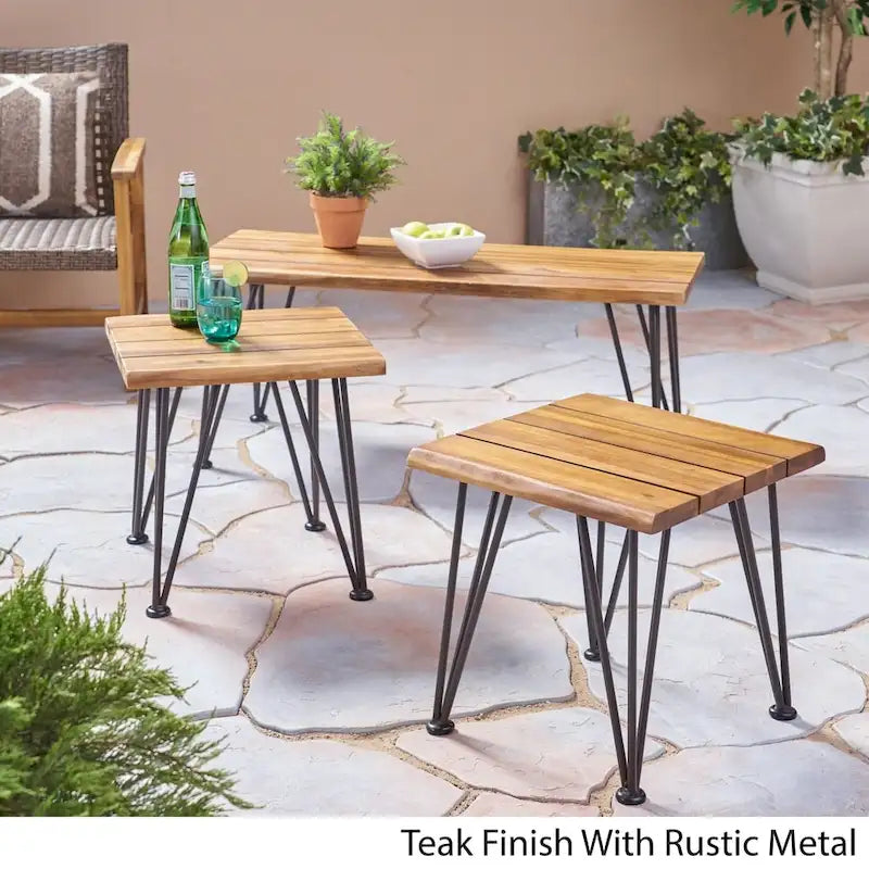 Table basse d'extérieur industrielle en bois d'acacia Zion avec 2 tables d'appoint assorties de Christopher Knight Home