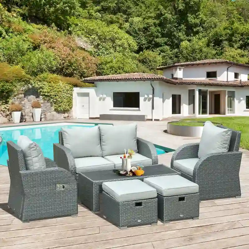 Outsunny Ensemble de canapés de jardin 6 pièces en rotin tressé avec table basse et coussins pour l'extérieur, résistant aux intempéries, pour jardin et terrasse, gris