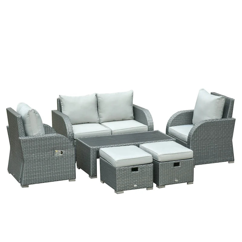 Outsunny Ensemble de canapés de jardin 6 pièces en rotin tressé avec table basse et coussins pour l'extérieur, résistant aux intempéries, pour jardin et terrasse, gris