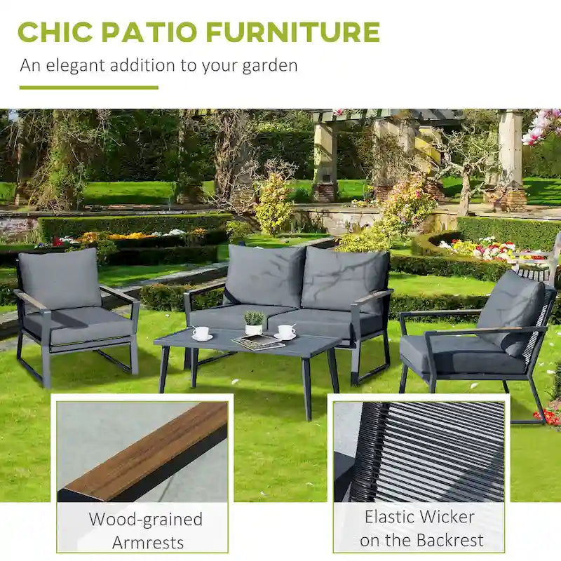 Ensemble de mobilier de jardin 4 pièces Outsunny, ensemble de conversation en aluminium, ensemble de canapés de jardin extérieur