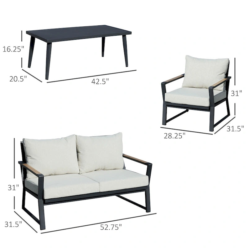 Ensemble de mobilier de jardin 4 pièces Outsunny, ensemble de conversation en aluminium, ensemble de canapés de jardin extérieur
