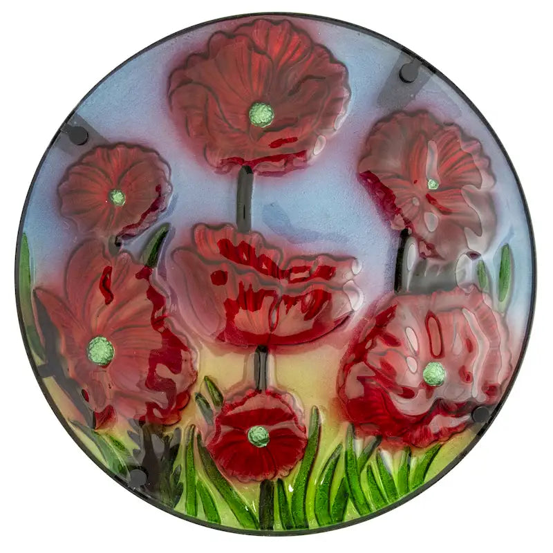 Table d'appoint de patio en verre, 19 coquelicots floraux rouges