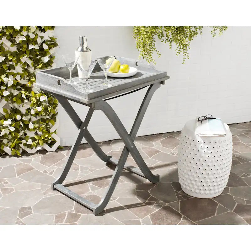 SAFAVIEH Table plateau pliante d'extérieur Anastasiia en bois d'acacia - 19Wx27Dx32H