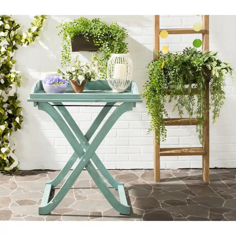 SAFAVIEH Table plateau pliante d'extérieur Anastasiia en bois d'acacia - 19Wx27Dx32H