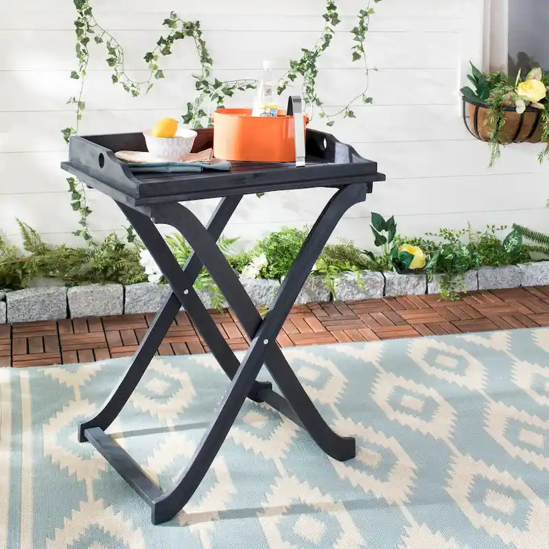 SAFAVIEH Table plateau pliante d'extérieur Anastasiia en bois d'acacia - 19Wx27Dx32H