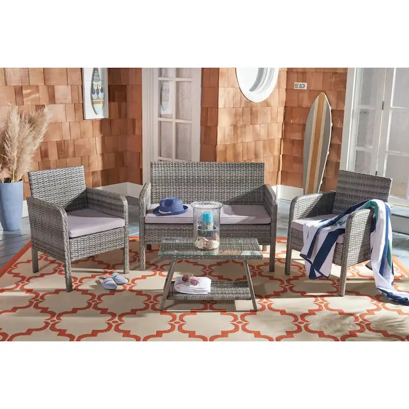 SAFAVIEH Ensemble de conversation de patio 4 pièces Zsolt en osier et acier d'extérieur - 42L x 31P x 21H