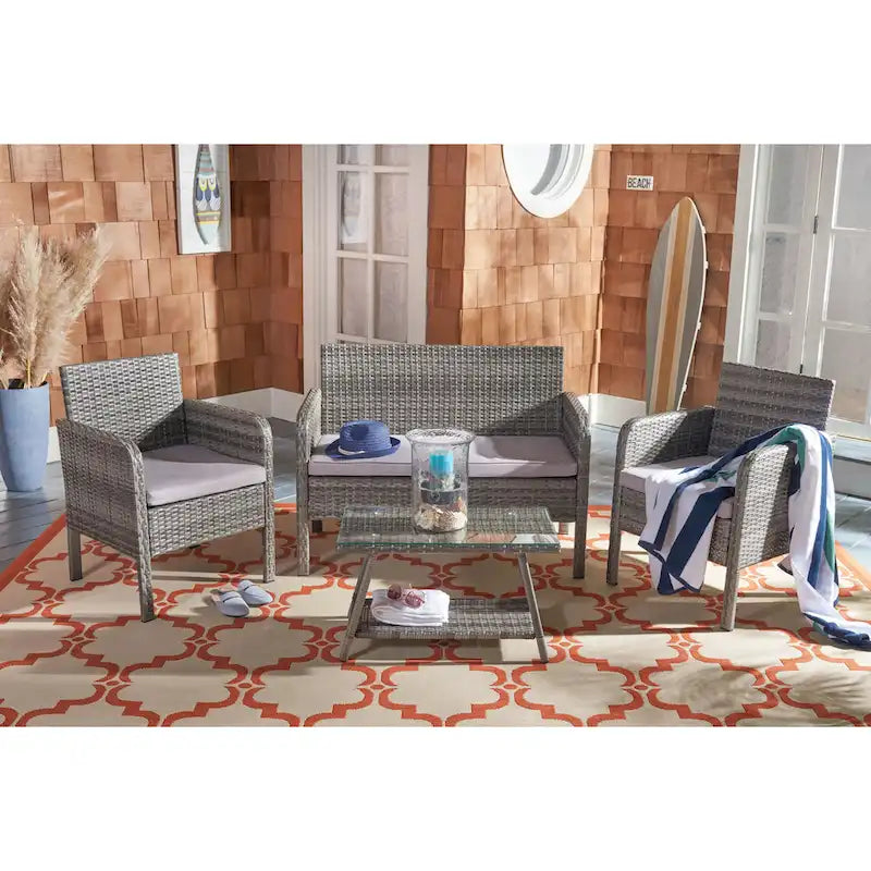 SAFAVIEH Ensemble de conversation de patio 4 pièces Zsolt en osier et acier d'extérieur - 42L x 31P x 21H