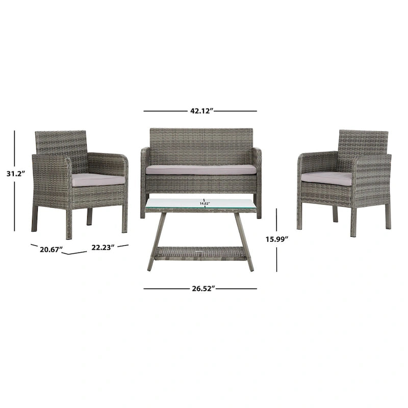 SAFAVIEH Ensemble de conversation de patio 4 pièces Zsolt en osier et acier d'extérieur - 42L x 31P x 21H