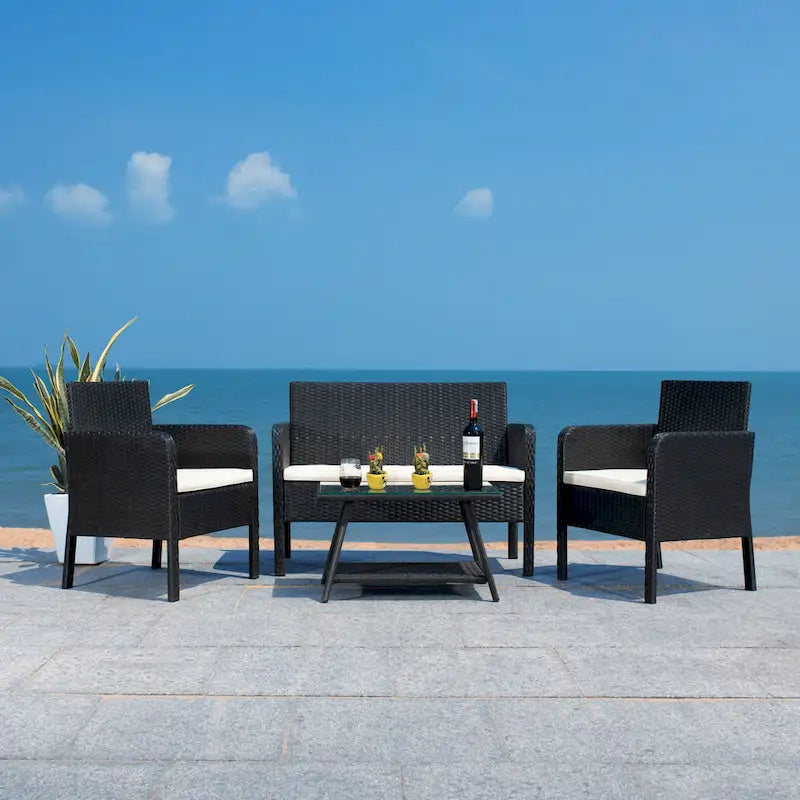 SAFAVIEH Ensemble de conversation de patio 4 pièces Zsolt en osier et acier d'extérieur - 42L x 31P x 21H